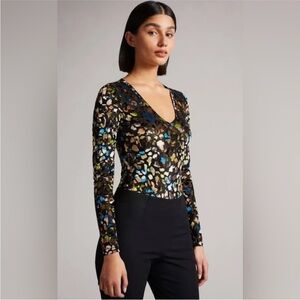 Ted Baker Black and Gold Mesh Bodysuit size 2